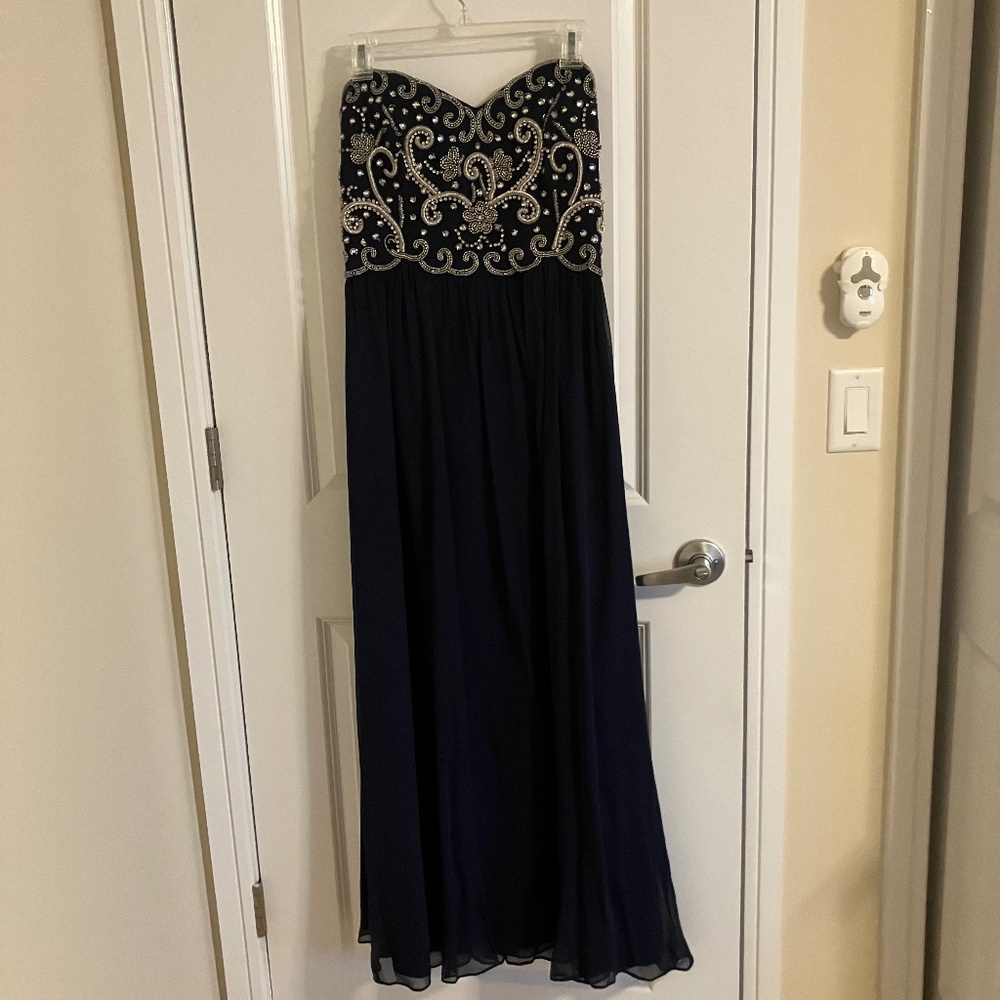 Sean Collection Navy Beaded Strapless Formal Gown